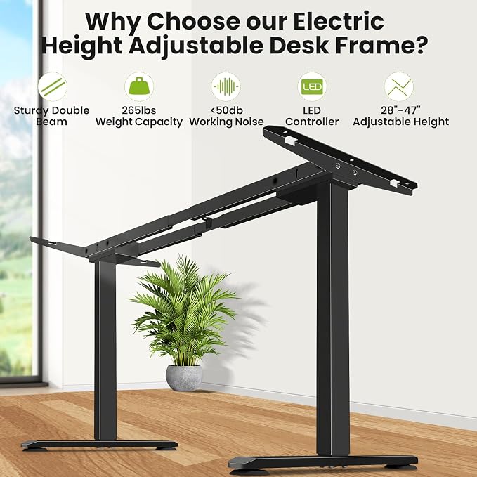farexon Dual Motor Electric Standing Desk Frame with Cable Management Tray, Wheels & Hooks, Heavy Duty Stand Up Desk Legs Dual-Beam Frame,265 lbs Capacity up to 78" x 40" Tops (Black Frame Only)