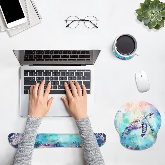 Britimes Sea Turtle Coral Reef Sea World Ergonomic Mouse Pad Set with Wrist Rest Non-Slip Rubber Base Wrist Cushion Support and Coasters Mousepad with Wrist Support for Computer Keyboard and Desk