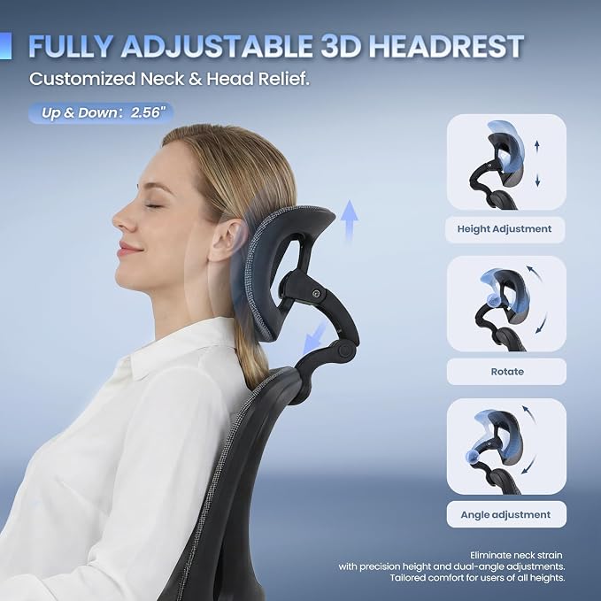 MALOL Ergonomic Mesh Office Chair with Footrest, Executive High Back Computer Desk Chair with 3D Adjustable Headrest & 5-Level Lumbar Support, Track Armrest, Tilt Lock, 300LBS, Grey