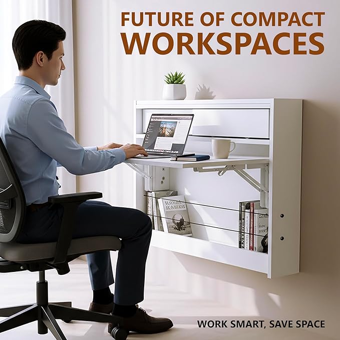 Wall Mounted Desk 31 inches, Folding Table with Shelves, Space Saving Computer Table, Floating Table for Wall, Multi-Purpose Folding Desk Perfect for Workstations, Dining, or Laundry Area.
