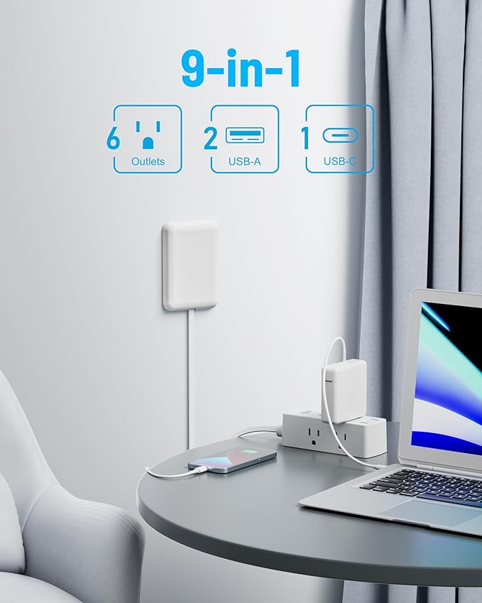 Olcorife Flat Extension Cord with Outlet Cover, Flat Plug Power Strip with 6 Outlets and 3 USB Ports, 8 FT Cord Hidden Outlet Extender for Tight Spaces
