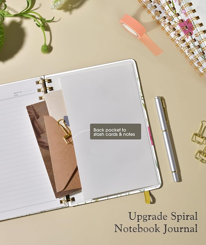 Lined Spiral Journal Notebook for Women, A5 Cute Hardcover Spiral Journals for Work, Note Taking, 150 Numbered Pages 100 GSM College Ruled Spiral Bound Notebook, 5.75" x 8.38", Ivory Wild Flowers