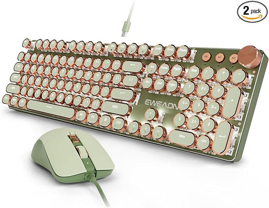 SEUNKWANG Wired Typewriter Keyboard and Mouse Combo, Retro Mechanical Keyboard with Multimedia Knob, White Backlit, Metal Panel, Low Noise Pink Switch Keyboard Mouse Set for PC Laptop - Green