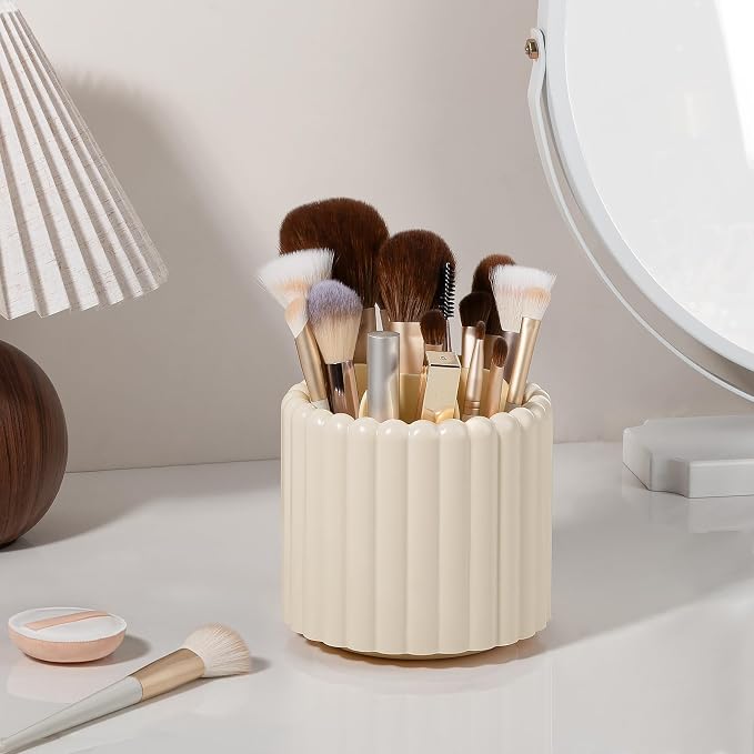 360° Rotating Pen Holder for Desk Removable Pencil Organizer, Beige | 7 Slots Pen Cup Cute Office Supplies and Accessories Plastic Desktop Storage Box Art Caddy for School, Work, Home