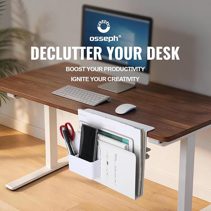 Desk Side Storage Organizer, Under Desk Laptop Holder with Magnetic Pen Holder, No Drill Hanging Desks Caddy for Office & Home, Clamp On Desk Shelf for Tablet, Files, Accessories (White)