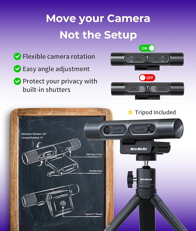 AVerMedia PW313D DualCam 2K Document Camera and Webcam for PC/Mac/Laptop, Autofocus, AI Noise Reduction, Online Teaching, Works with Zoom/Teams/Google Meet, Includes Tripod, TAA/NDAA Compliant