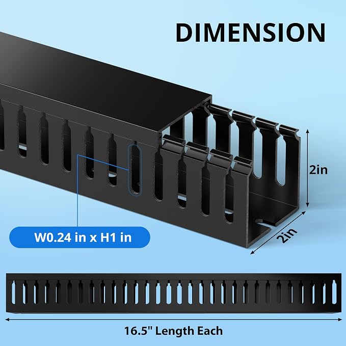 2" H x 2" W Cable Raceway, 132in Under Desk Wire Management Channel, Black | Slotted Wire Duct, 8Pack, 16.5in Each, Heavy-Duty PVC Cable Management for Server Racks, Network Cables & Electrical Cabinets