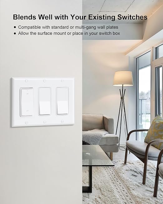 Remote Control Outlet, Decorator Rocker Wall Switch, 200FT Long Range Wireless Light Switch, Mini Remote Outlet Plug, 15A/1875W High-Power for Lamps, Lights, Household Appliances, ETL Listed