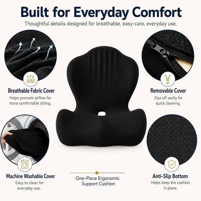 Car Seat Cushion with Lumbar Support, One-Piece L-Shaped Memory Foam | Ergonomic design with coccyx cutout, hip-to-thigh support and anti-slip base for long drives, office chairs and wheelchairs.