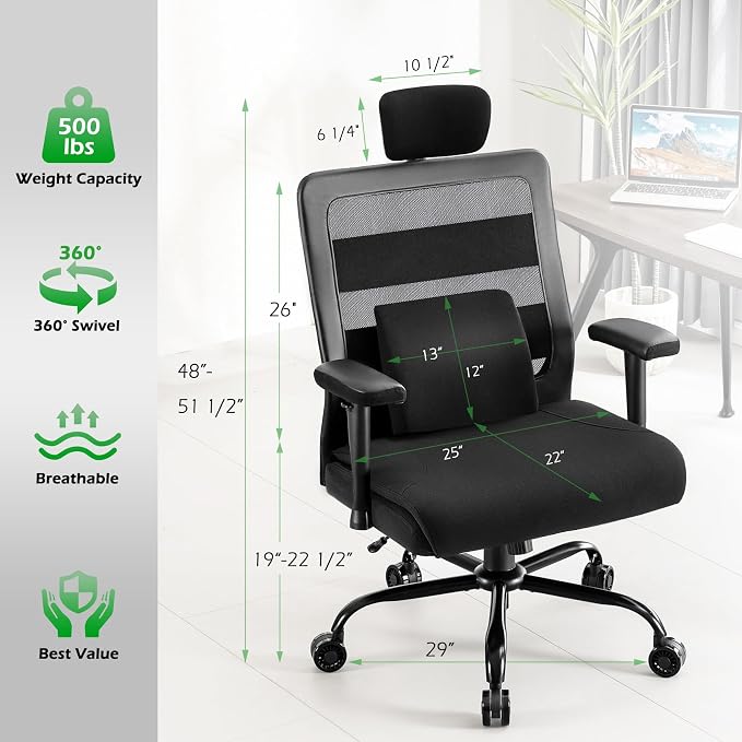 Extra Wide Seat Office Chair for Big and Tall 500lbs, with High Back Adjustable Headrest Lumbar Support Arms Wheels Heavy Duty (Breathable Fabric Seat)