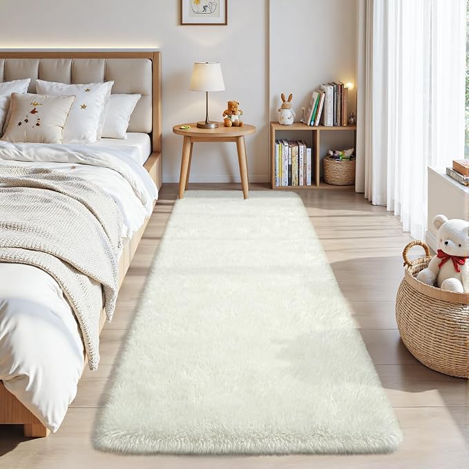 Zentavio Runner Rugs for Hallway 2x6 Shag Soft Bedroom Bedside Rugs Non Slip Fluffy Carpet for Kids Girls Boys Home Decor Aesthetic Dorm Nursery White