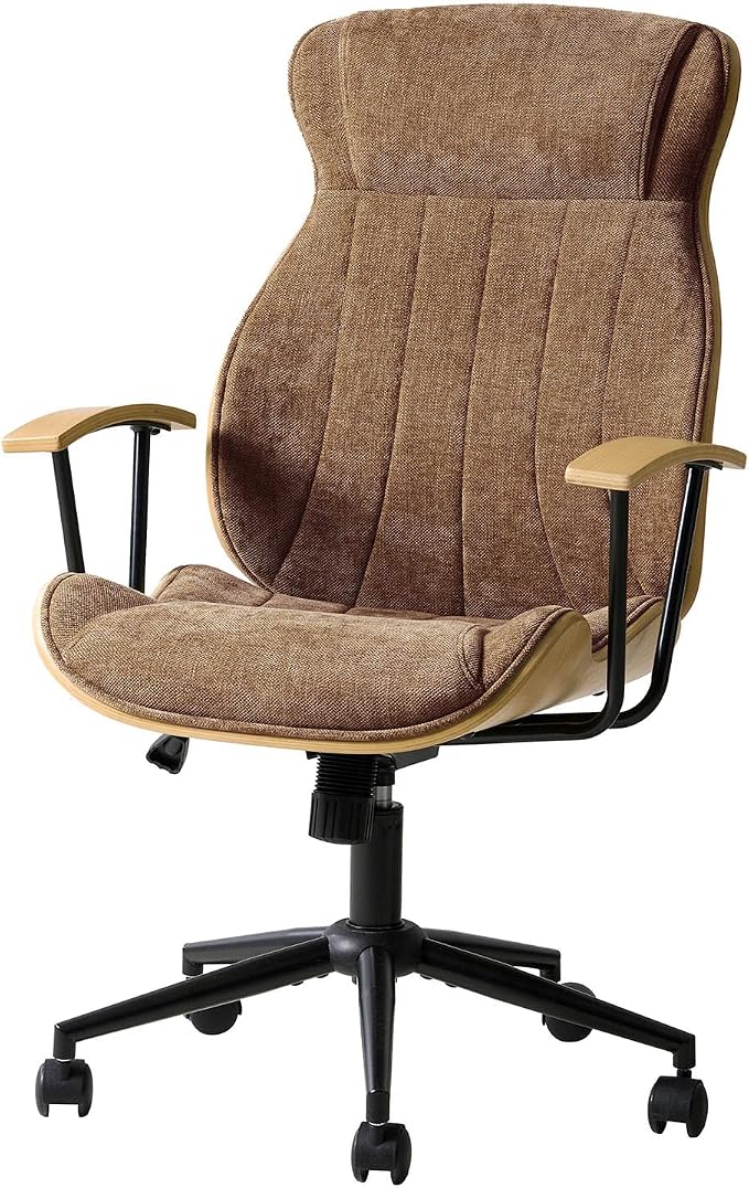 HULALA HOME Solid Wood Office Chair with High Backrest, Camel | Mid Century Modern Bentwood Desk Chair with Tilt Function, Swivel Fabric Computer Task Chair, Height Adjustable, Metal Base