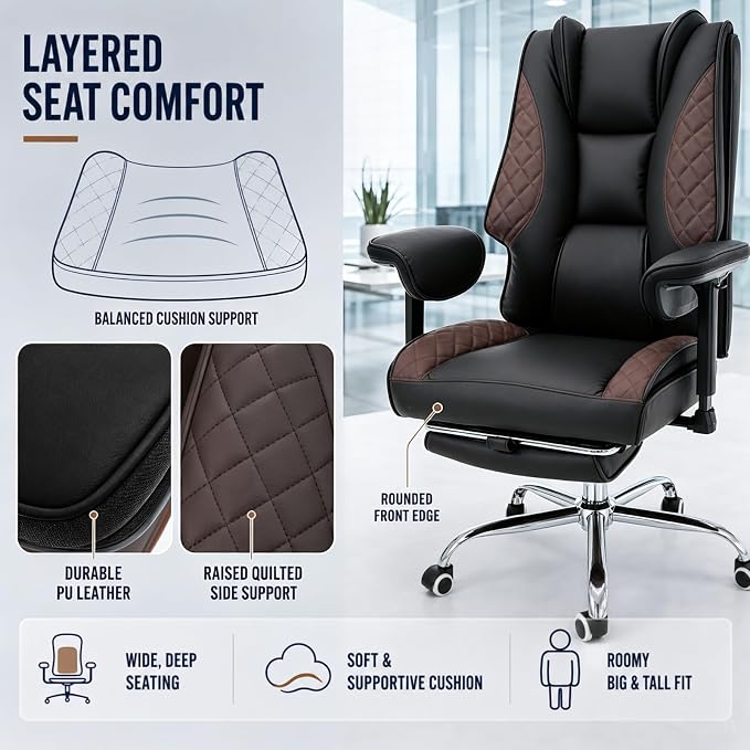 Big and Tall Office Chair，Heavy Duty Wide Executive Office Chair | Breathable Leather，Double-layered Backrest，Seat Cushion Designed of Deluxe Embroidery Leather，Foot Rest, Adjustable Armrests