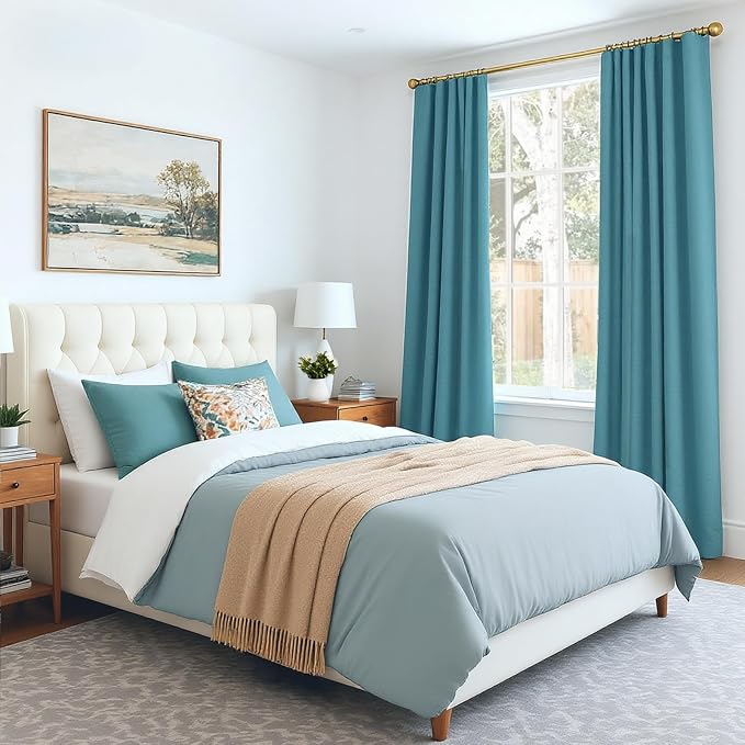 INOVADAY 100% Blackout Curtains for Bedroom, Teal Black Out Curtains 108 Inch Long, Clip Rings Linen Blackout Drapes, Thermal Insulated Room Darkening for Living Room, 2 Panels - W50xL108