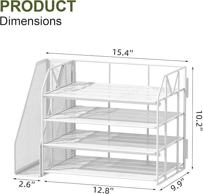 4-Tier Paper File Organizer with Bookend, Metal Desk Organizer, Tiered Paper Tray for Letter/A4 Files, Desktop Office Supplies Storage Rack for Home Office, Classroom, School & Work, White
