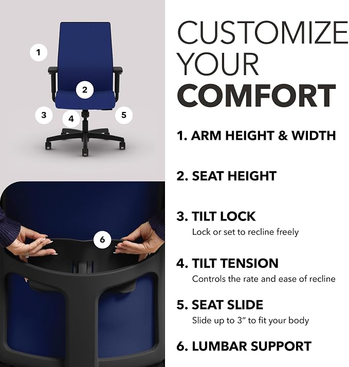 HON Ignition 2.0 Mid‑Back Ergonomic Office Chair, Mesh Task Desk Chair with Lumbar Support, Standard Synchro‑Tilt, Height and Width Adjustable Arms, Black Frame, Cobalt