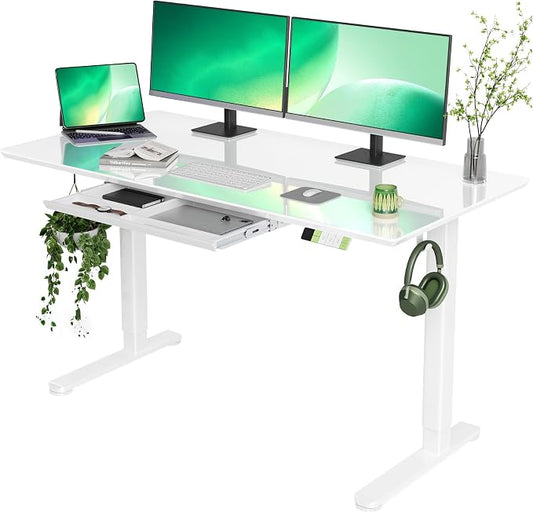INNOVAR 55×24 Inch Super White Glass Standing Desk with Drawers | Tempered Glass Top, Ergonomic, Adjustable Height, Stand Up Desk,4 Memory Presets