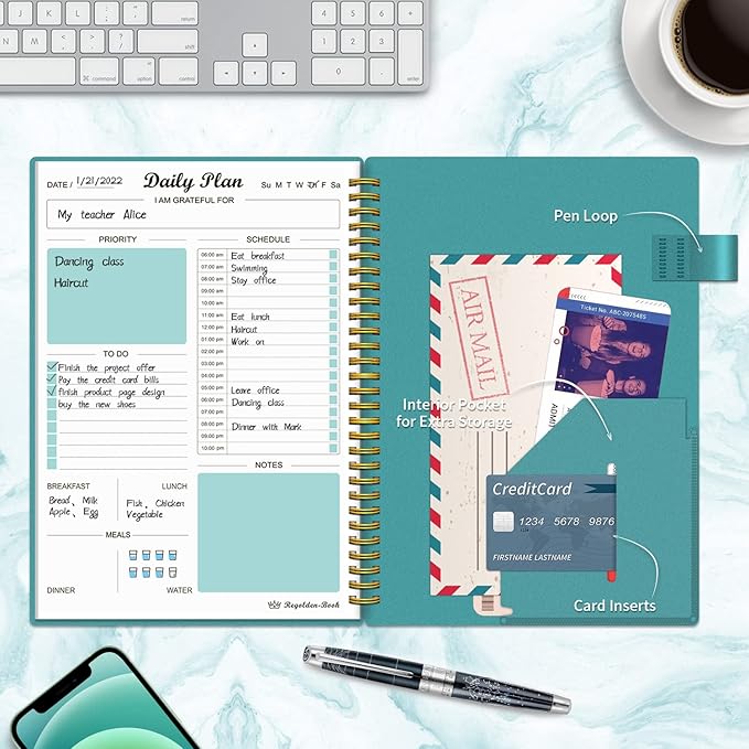 Daily Planner Undated, To Do List Notebook with Hourly Schedule Calendars Meal, Spiral Appointment Organizers Notebook for Man/Women, Pocket,Pen Loop, 160 Pages (7x10")