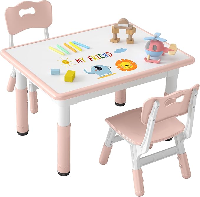 DOREROOM Adjustable Kids Table & 2 Chairs Set, 31.5" L x 23.6" W, Pink | Graffiti Desktop,Table Supports 300 lbs,Toddler Ages 2-8，FSC-certified, Children Activity Table for Daycare, Classroom, Home
