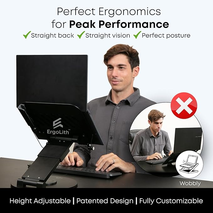 3-in-1 Adjustable Laptop Stand, Book Stand, and Phone Holder - 360° Rotating Display for All Laptops - 2–21" Height for Ergonomics - Office Desk Accessories - Stylish - Patented - Sky Black