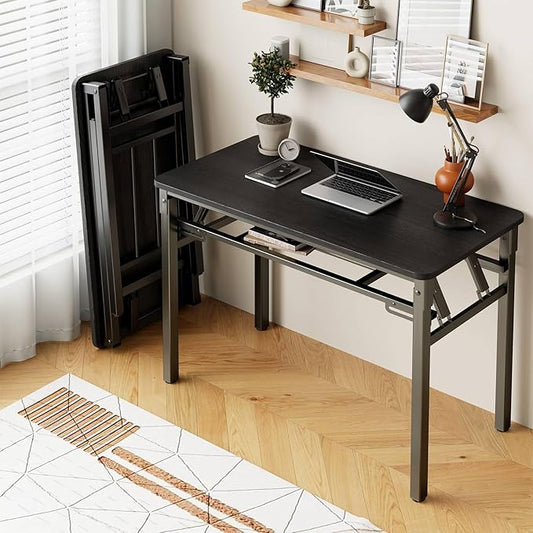 BYMECOST 31.5 inches Folding Desk Small Desk, No Assembly Computer Desk with Storage Shelf, No Install Small Foldable Table for Home Office,Study Table for Small Space (Black, 31.5")