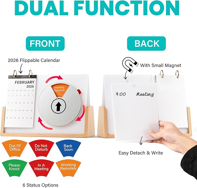 2026 Desk Calendar with Do Not Disturb Sign, 3-in-1 Acrylic Whiteboard & Status Indicator, U-Shape Solid Wood Office Decor & Desktop Organizer, WFH Essentials & New Job Gift for Coworkers, 10.3x3.5 White