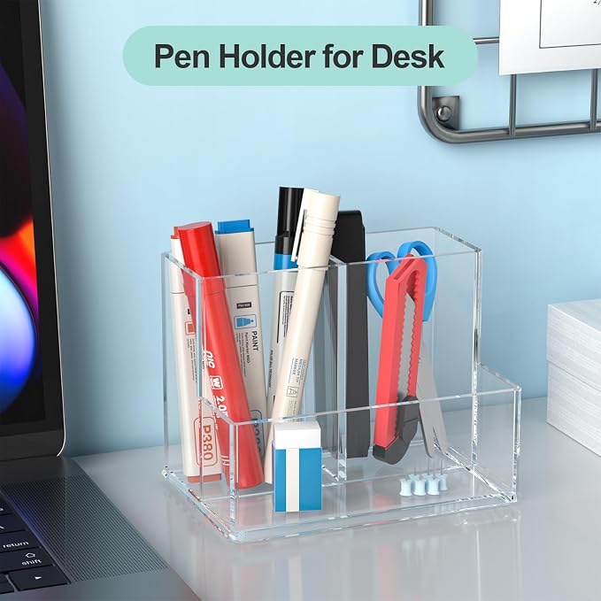 Clear Pen Holder for Desk, Small Acrylic Pencil Holder, Compact Makeup Brush Holder Organizer for Vanity, Pen Pencil Organizer Cup, Office Desk Organizer and Accessories, 3 Compartment Design