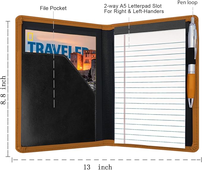 Classic Padfolio/Junior Portfolio Folder Case, Business A5 Binder Organizer Notepad for Men Women, 5 x 8 Writing Pad Included, Brown.