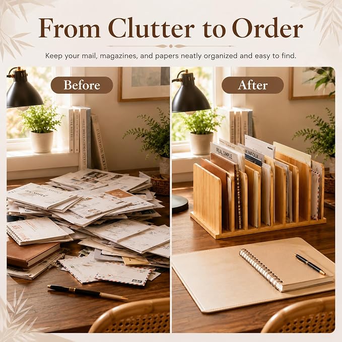 Suzile Bamboo File Mail Organizer for Desk, 10 Slot Vertical File Sorter,Letter Sorter, Desktop Mail Holder, Wooden Office Desk Organizer Countertop Paper Holders for Documents, Envelope