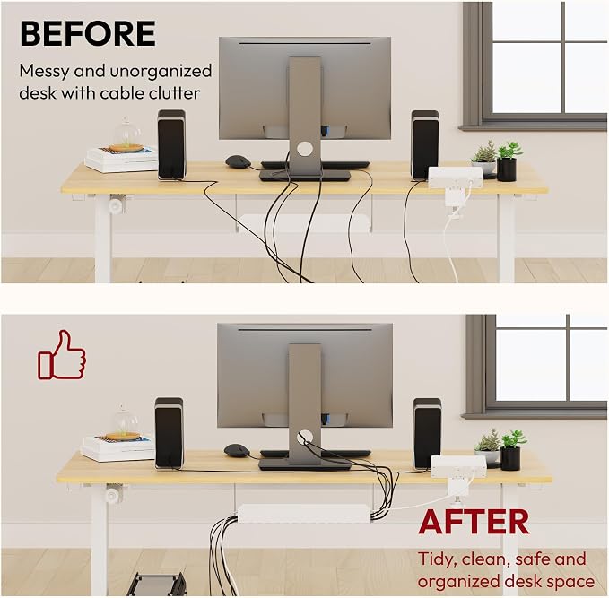 SANODESK Electric Standing Desk with Desk Clamp Power Strip 48"x 30" Whole-Piece Desktop Height Adjustable Stand Up Desk with Cable Management Sit Stand Home Office Desk White Frame/Maple Top