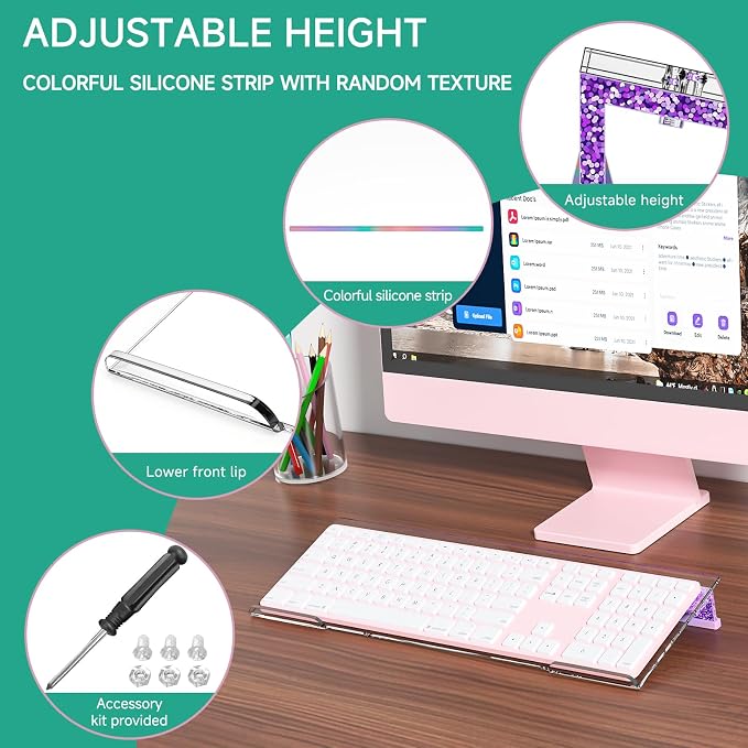 Ergonomic Computer Keyboard Stand - Adjustable Keyboard Riser Tilt Clear and Glitter Purple Acrylic Keyboard Tray Non-Slip Elevated Typing Key Board Holder Lift for Home Office Desk Accessories