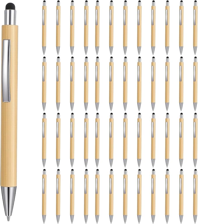 50Pcs Bamboo Pens, Bulk Wooden Pens, Engraving Wooden Ballpoint, Wood Natural Engraving Retractable Pen for Women Men Office Teacher Volunteer (Stylus Cap)