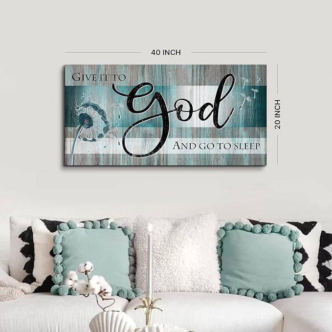 Give It to God and Go to Sleep Sign Bedroom Wall Decor 20x40" Christian Bible Verse Wall Art Above Bed Wall Decor Teal Farmhouse Faith Quote Canvas Painting for Living Room Master Bedroom Decoration