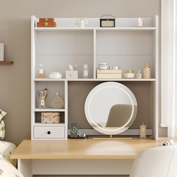 knoworld Desktop Bookshelf for 27" Monitor, Space-Saving Engineered Wood Desk Hutch Organizer with Adjustable Shelves & Drawer, Clutter-Free Tabletop Bookcase for Dorm & Home Office, White