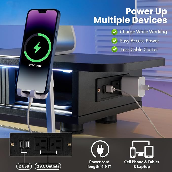 Artswish Dual Monitor Stand with Power Outlet, Black Desk Monitor Riser | 2 AC Outlets & 2 USB Ports, RGB Lighting, Sliding Storage, Flexible Side Shelf, Desk Riser for Work Study Gaming