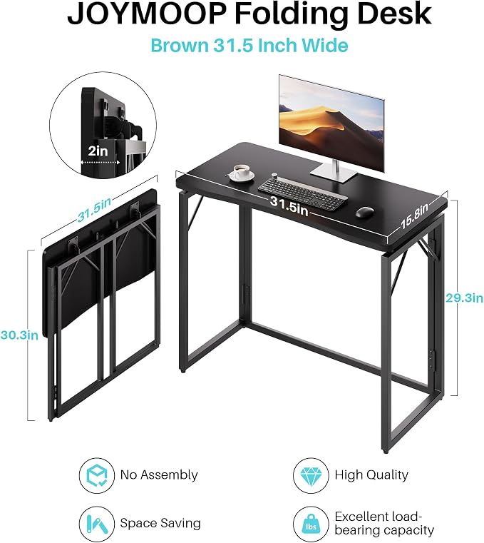 JOYMOOP Black 31.5" Folding Desk, No Assembly Small Foldable Desk for Home, Office, Wooden Top Folding Computer Desk for Working, Writing, Studying