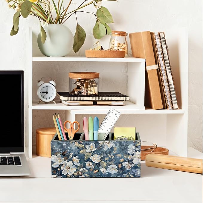 Dark Blue Floral Pen Pencil Holder for Desk, Academia Cottagecore Botanical Flower Wooden Box Sign Organizer for Home Room Office Bedroom Desk Accessories Tabletop Decorations