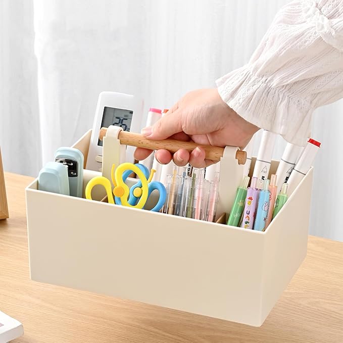 Buqoo Desk Organizer with 8 Compartments for Office Supplies | Plastic Makeup Organizer with Wooden Handle, Pen Holder for Desktop Storage, Desk Organization for Office Supplies (Coffee)