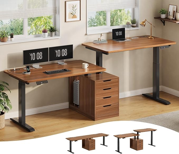 SEDETA Standing Two Person Desk, 94'' Long Computer Desk with 4 Drawers, 2 Power Outlets, CPU Stand, Electric Height Adjustable 2 Person Desk with Cable Management for Home Office, Brown