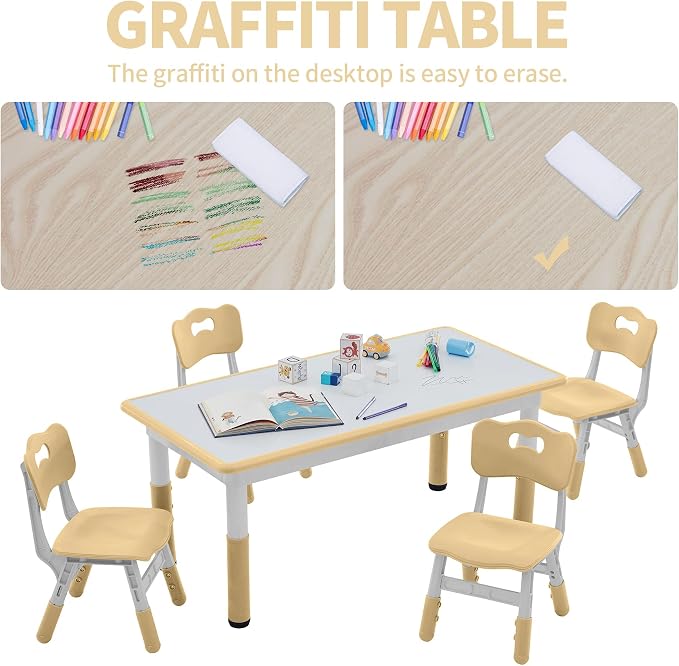 DOREROOM Adjustable Kids Table & 4 Chairs Set, 47.2" L x 23.6" W, Beige | Graffiti Desktop,Table Supports 300 lbs,Toddler Ages 2-8，FSC-certified, Children Activity Table for Daycare, Classroom, Home