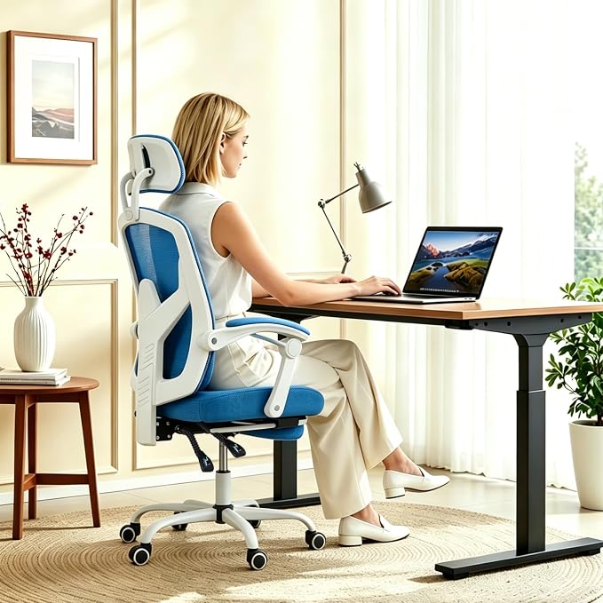 Ergonomic Office Chair with Footrest, High Back Home Desk Chair with Lumbar Support & Headrest, 90-135° Reclining Mesh Back Computer Chair with Wheels for Work, Gaming, Blue