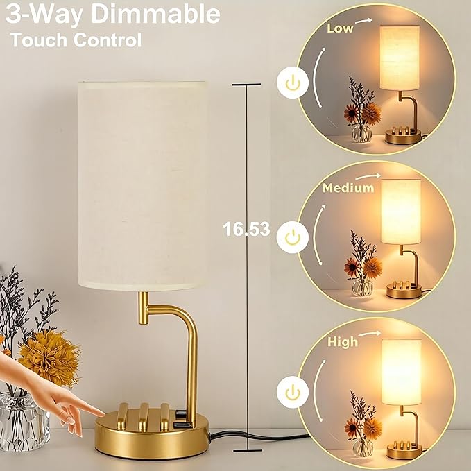 Dreamholder Touch Control USB Table Lamp with USB C/A & AC Outlet, 3-Way Dimmable Bedside Lamp, Modern Nightstand Lamps for Bedroom Living Room Guest Room Office, Bulb Included, Gold