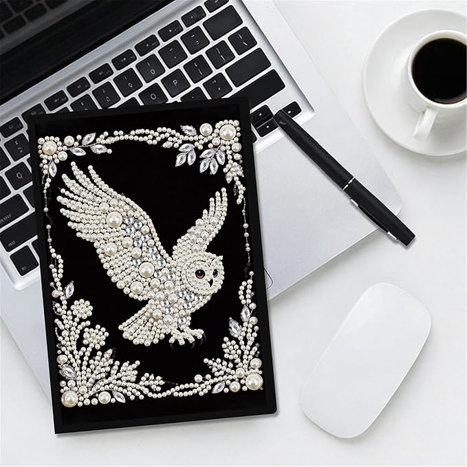 FRANDEK Pearl Painting Notebook Kit, Black and White Owl A5 DIY Journal with 50 Blank Pages, Diamond Gem Art Cover with Waterproof Canvas, Beginner Craft Set with Full Tools for Adults