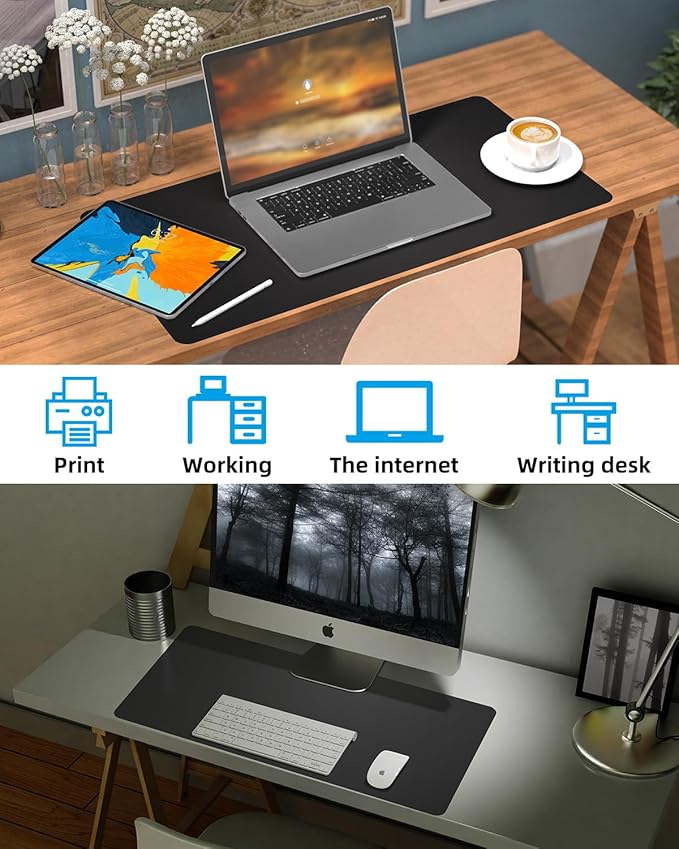Leather Desk Pad Protector, Mouse pad,Office Desk mat,Computer and Laptop Mat, Non-Slip PU Leather Desk Blotter, Desktop Protector and Cover for Keyboard and Mouse(35.4"x17"Black)