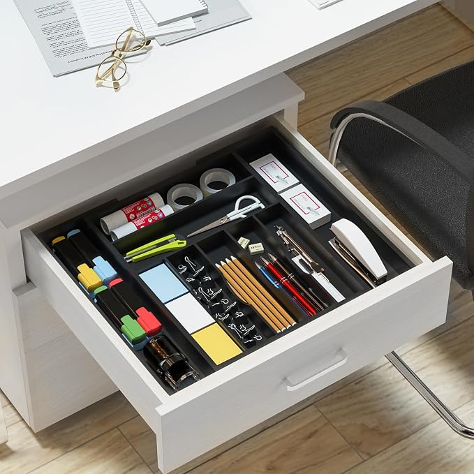 Utensil Organizer Silverware Drawer Organizer - Bamboo Expandable Cutlery Tray with Dividers for Utensil Holder Office Storage Makeup Desk Drawer Tool Organization W13.5"-19.5" x L17.5" x H2.5"(Black) | Expandable