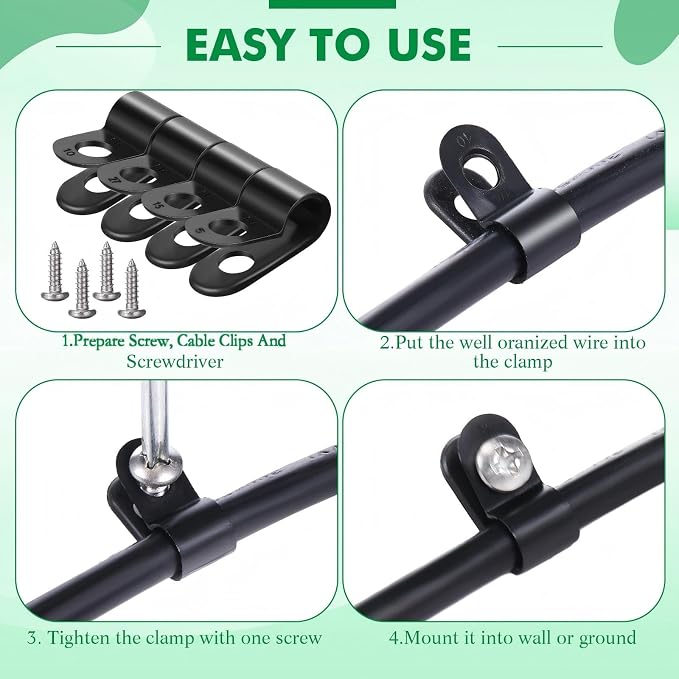Hicarer 50 Pack R-Type Cable Clip Wire Clamp, Nylon Screw Mounting Cord Fastener Clips with 50 Pack Screws for Wire Management (Black,1/4Inch)