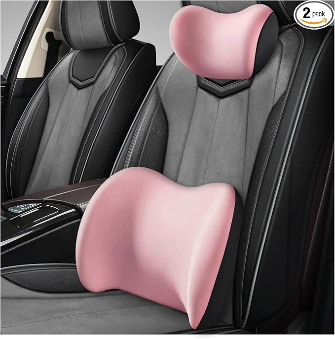 2 PCS Car Headrest & Lumbar Support Cushion, Ergonomic Memory Foam Lumbar Pillow Neck Rest Cushion, Breathable Back Pillow & Headrest Support for Driving Seat, Car Accessories (Pink)