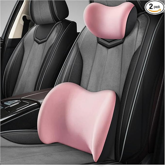 2 PCS Car Headrest & Lumbar Support Cushion, Ergonomic Memory Foam Lumbar Pillow Neck Rest Cushion, Breathable Back Pillow & Headrest Support for Driving Seat, Car Accessories (Pink)