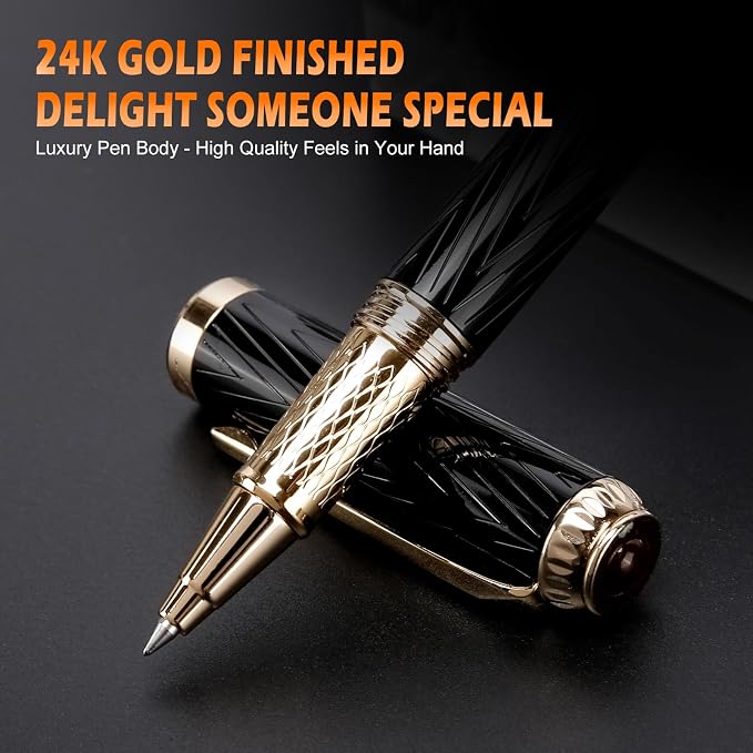Mini Pocket Roller Ball Pen with Real 24K Gold Finish, Nice Fancy EDC Rollerball Pens for Writing Note Taking Signature, Good Pen Set Gifts Christmas Birthday Graduation