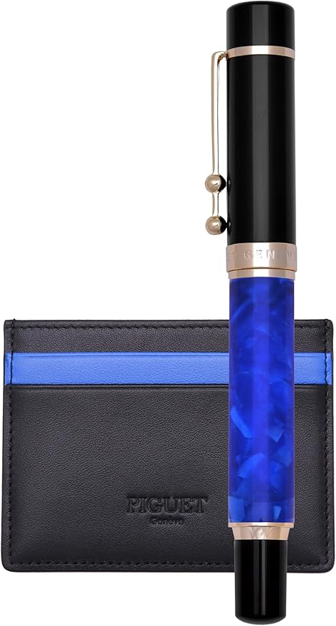 Piguet Genève – Luxury Fountain or Rollerball Pen Business Gift Set with Genuine Leather Card Holder, Premium Office Executive Gift (Rollerball Pen, Océan Bleu Set)